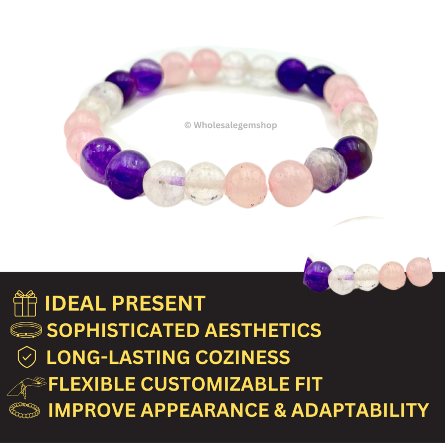 Amethyst, Rose Quartz, Clear Quartz Single Stone Bracelet - Image 4