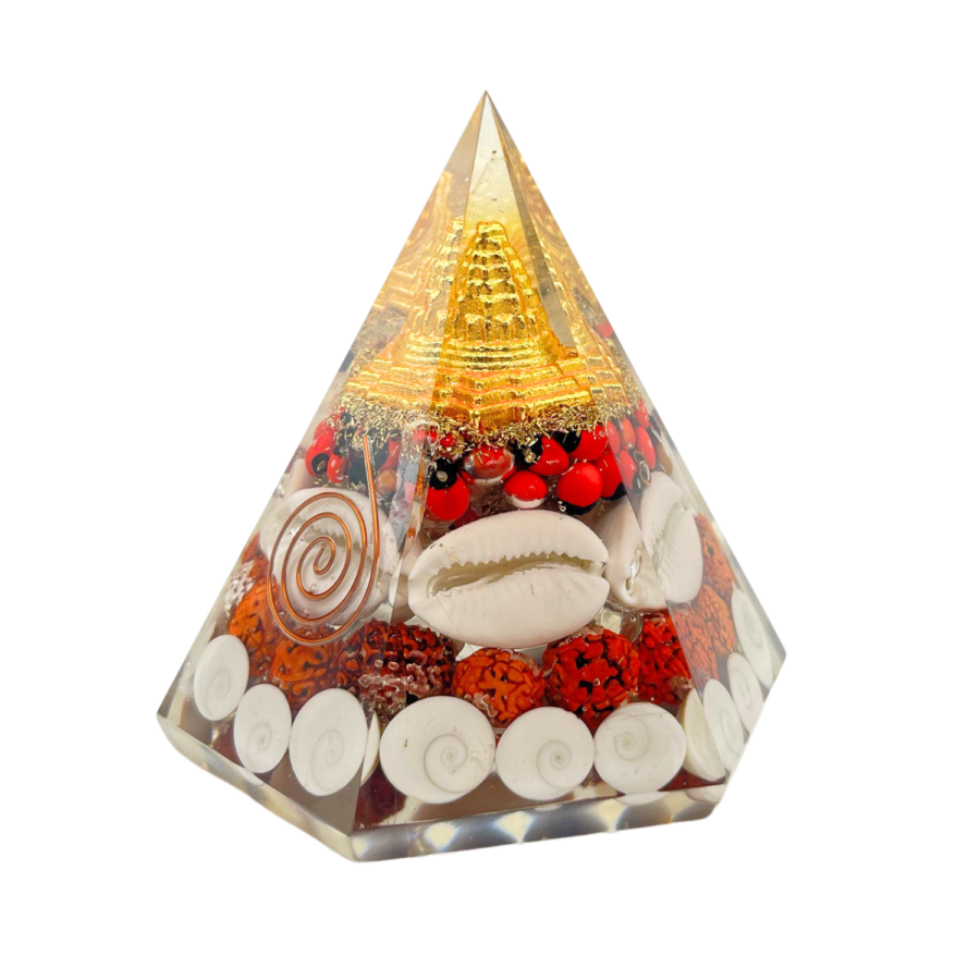 Shri Yantra Gomati Chakra Rudraksha Pyramid - Hexagonal Wealth Pyramid